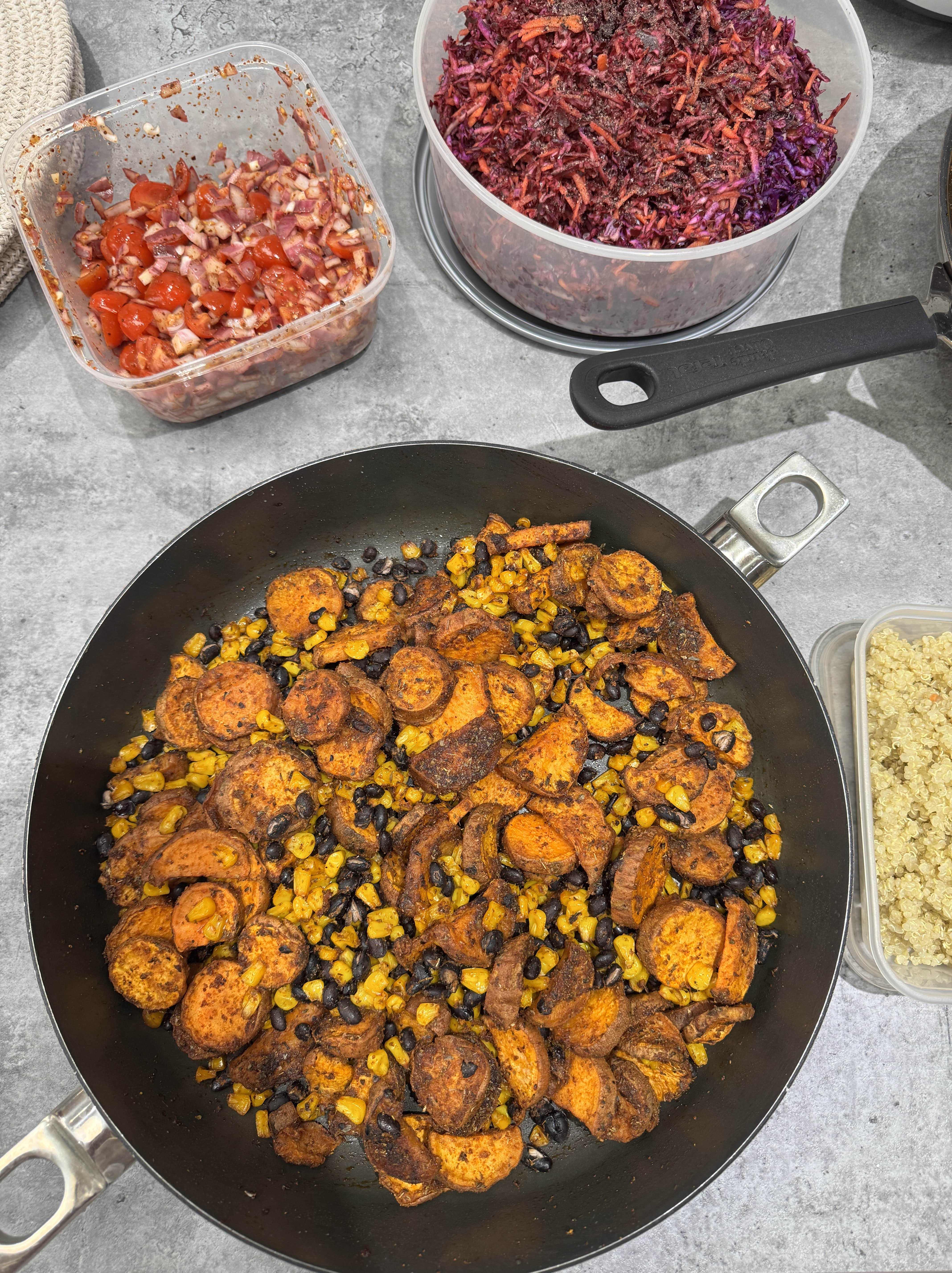 roasted sweet potato with corn and black beans meal prep for mexican buddha bowl